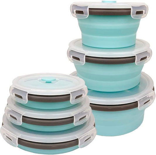 CARTINTS Blue Silicone Collapsible Food Storage Containers-Prep/Storage Bowls with Lids - Round Silicone Lunch Containers - Microwave and Freezer Safe Set of 3