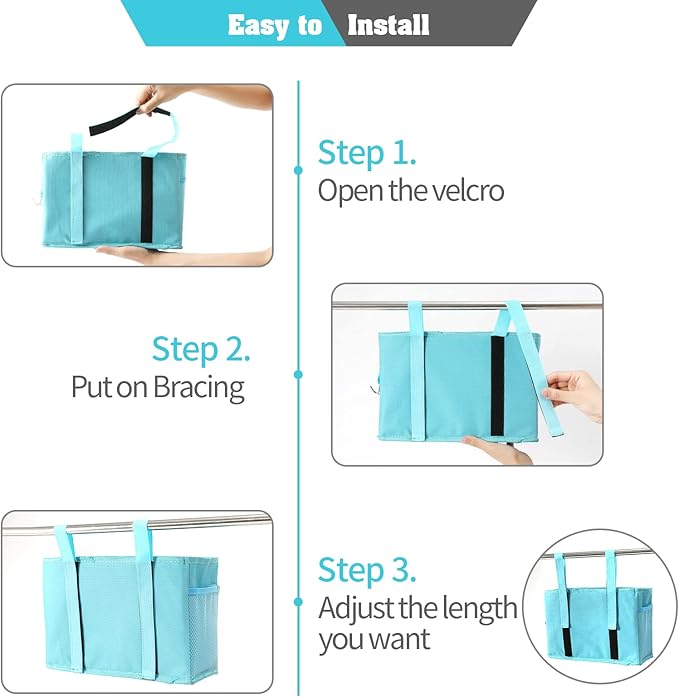 Bunk Bed Organizer, Bedside Caddy Hanging Bed Organizer Storage Bag with 4 Pockets and 2 Hooks, for College Dorm Rooms Bed, Hospital Bed, Baby Bed Rails, 600D Oxford Cloth (Light Blue)