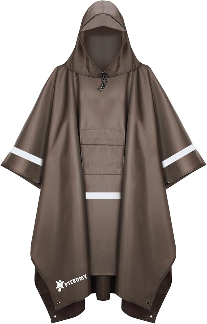 PTEROMY Hooded Rain Poncho for Adult with Pocket, Waterproof Lightweight Unisex Raincoat for Hiking Camping Emergency