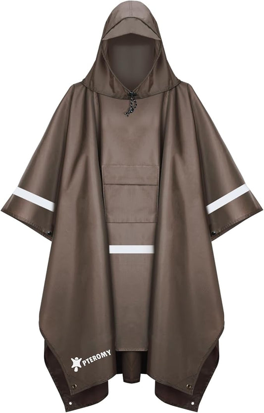 PTEROMY Hooded Rain Poncho for Adult with Pocket, Waterproof Lightweight Unisex Raincoat for Hiking Camping Emergency