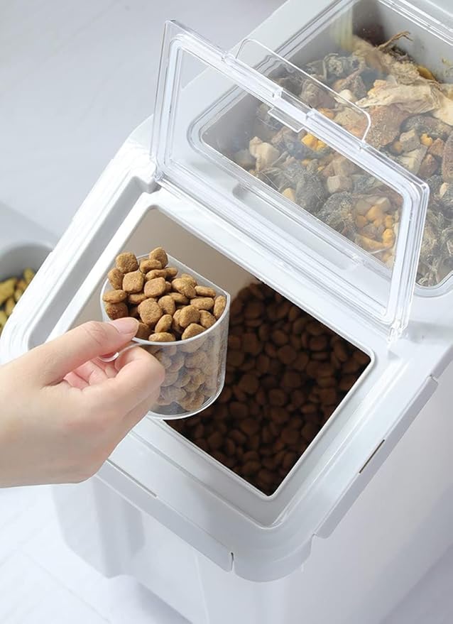 RUIAN Pet Food Storage Container, 22lb Grain Storage Barrels Sealed Bucket on Wheels Dog Cat Dry Food Bin Rice Flour Boxes with Scoop and Measuring Cup, Gray & Pink 2Pcs