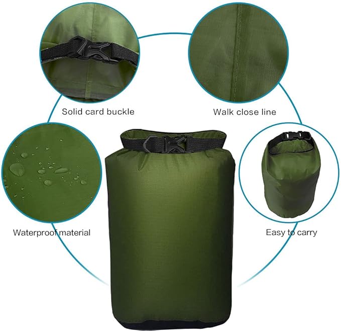 Pimoys 5 Pack Waterproof Dry Sacks, Lightweight Outdoor Dry Bags 20L /12L / 10L/ 6L/ 3.5L Ultimate Dry Bags for Kayaking Camping Rafting Boating (Army Green)