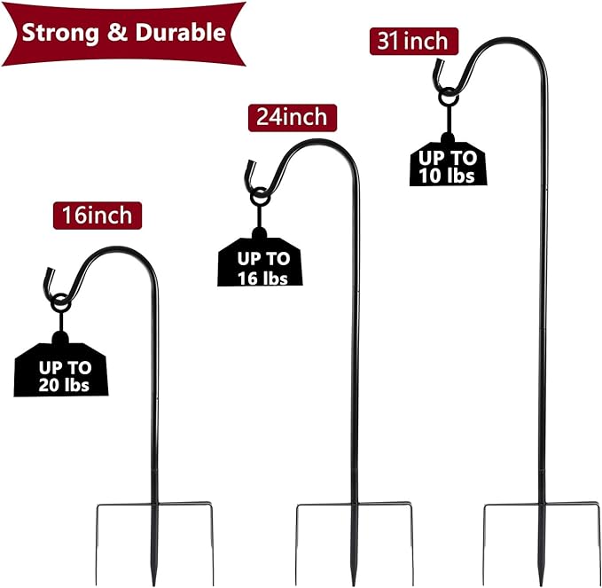 2 Pack Shepherd Hook 31 inch 1/2 inch Thick Use at Weddings, Hanging Solar Lights, Lanterns, Bird Feeders, Metal Hanger Hook (Black, 31 inch). U.S. Patent.