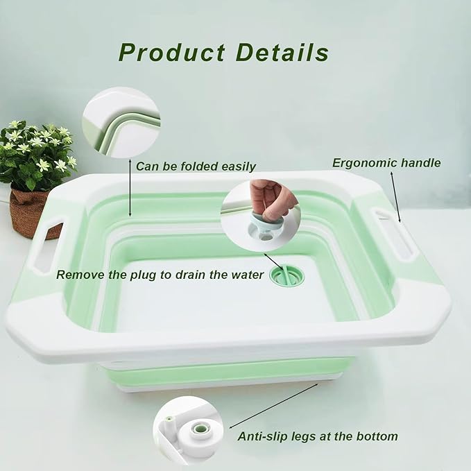 Camping Collapsible Cutting Board Dish Basin BBQ Prep Tub Camp Sink Dish Washing Station Multifunctional Storage Basket(Green white)