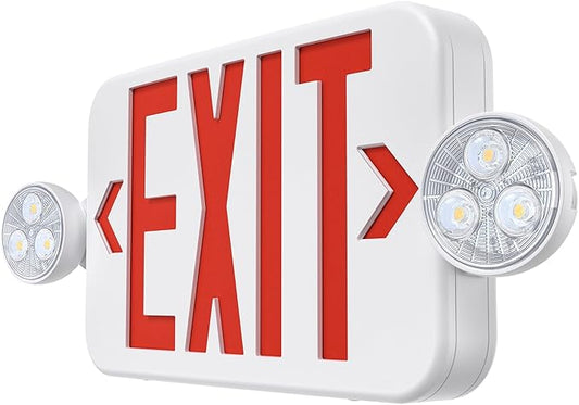 Emergency Sign Combo with Battery Backup, Double Sided Hardwired 6 LED Exit Sign, Adjustable Head Red Emergency Exit Light - Ceiling/Wall Mount, UL Listed, AC 120/277V (1 Pack)