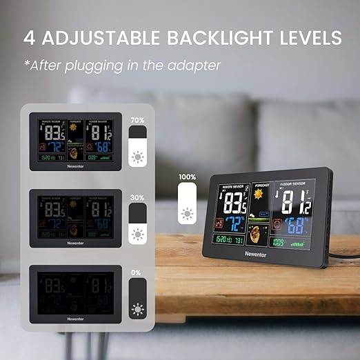 Newentor Weather Station Wireless Indoor Outdoor Thermometer, Color Display Digital Weather Thermometer with Atomic Clock, Barometric Pressure, Forecast Station with Adjustable Backlight,Black,3Sensor