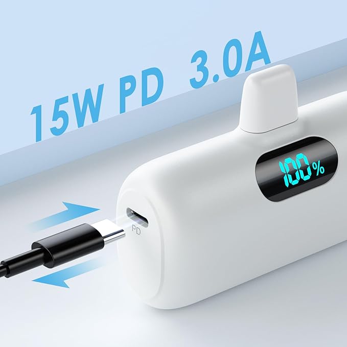 Small Portable Charger for iPhone,Upgraded 5000mAh PD Fast Charging Power Bank,Mini Plug-in Battery Pack Backup Charger Compatible with iPhone 14/14 Pro Max/13/13 Pro/12 Pro/11/XS/XR/X/8/7/6 etc-White