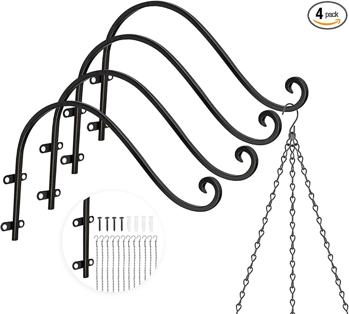 Plant Hangers Outdoor, 4 Pack 12 Inch Plant Hooks with 12 Chains for Wall Metal Plants Hanging Bracket for Bird Feeder, Flower Baskets, Wind Chimes, Lanterns, Indoor Outdoor, Black