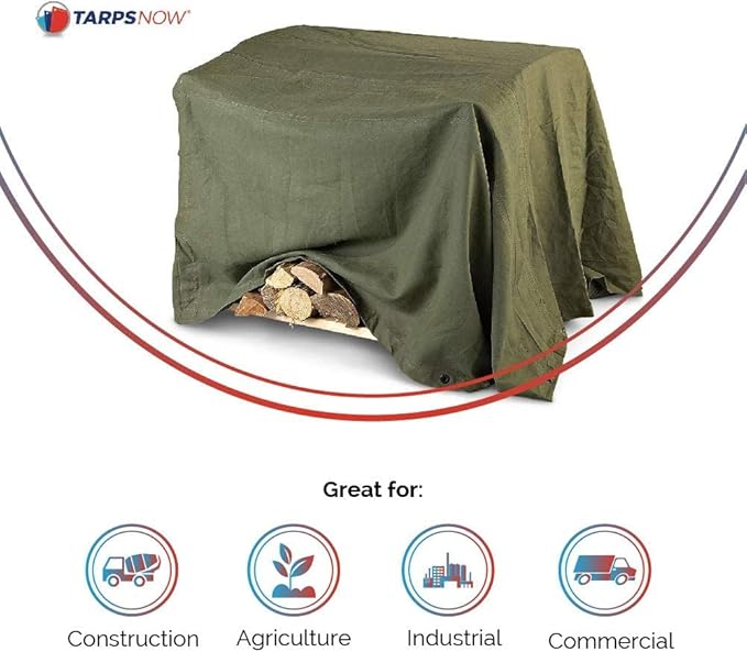 Tarps Now 12x20 ft Heavy Duty Canvas Tarp| 18 MIL Industrial Grade Fabric, Tear Resistance, Reinforced Edges, Brass Grommets | Ideal for Construction, Trucking, Manufacturing, Automotive –Olive Color