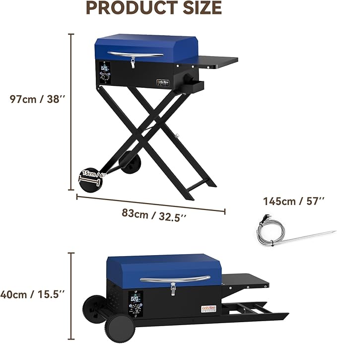 Onlyfire BBQ Wood Pellet Grill Smoker with Foldable Cart, Meat Probe, 2 Tiers Cooking Area, Portable Tabletop Grilling Stove for Outdoor Kitchen Cooking Smoke and Roast, RV Camping, Blue GS342