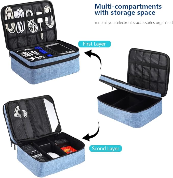 Travel Electronics Organizer, Waterproof Cable Organizer Bag for Electronic Accessories Double Layer Large Shockproof Cable Storage Bag for Cord, Power Bank, Tablet(Up to iPad 11 inch) - Denim blue