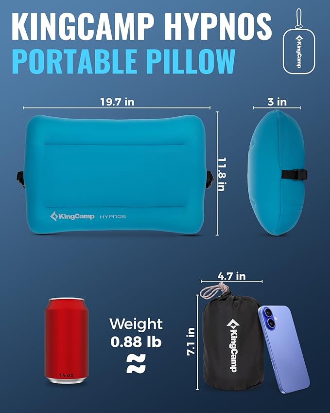 KingCamp Memory Foam Camping Pillow, Extra Large Inflatable Camp Pillow, Portable Ergonomic Air Pillow with Removable Washable Cover for Camping, Hiking, Car, Beach, Travel