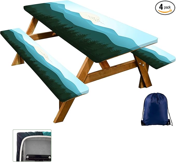 CAPSCEOLL Elastic Picnic Table Cover with Bench Covers 5Ft Waterproof Fitted Picnic Table Cover Cloths for Outdoors Camping Tablecloth with Drawstring Bag, 60X30in, Green Mountain