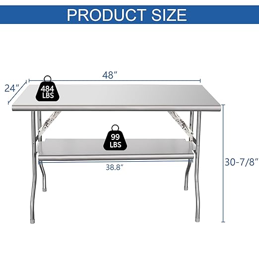 HARDURA Folding Stainless Steel Table 24X48 Inches with Adjustable Undershelf and Legs NSF Commercial Portable Folding Prep Table for Restaurant Kitchen Home and Hotel