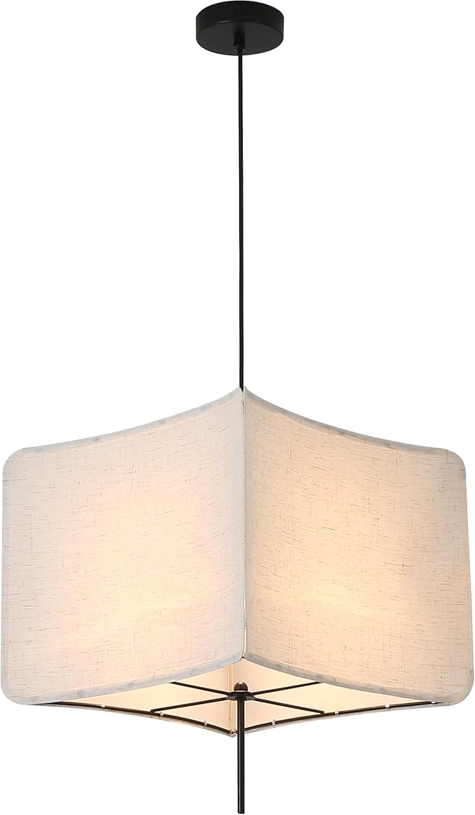 Modern Square Linen Fabric Pendant Light - 74.8??x 14.17??x 14.17?? Adjustable Hanging Light Fixture, E26 Socket (No Bulbs), Minimalist, for Kitchen, Dining Room, Bedroom, Living Room,Corner