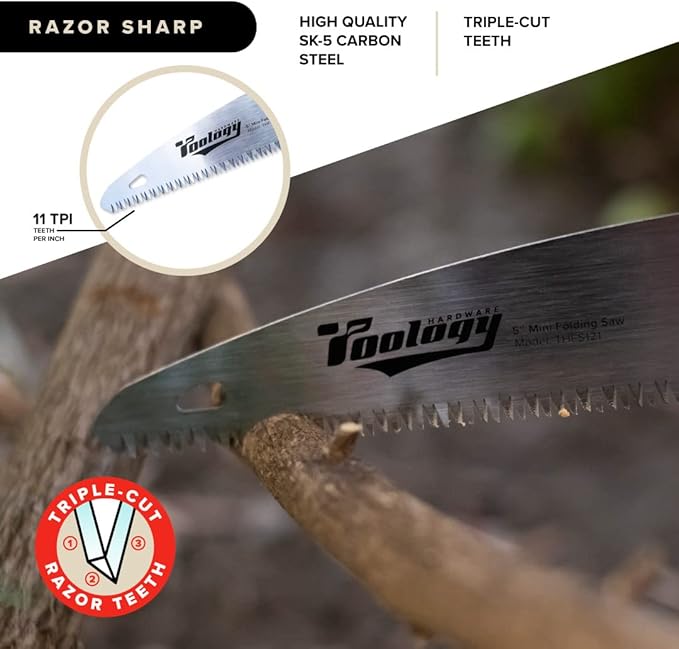 5" Folding Hand Pruning Saw for Gardening, Camping, Wood/Tree Cutting, Made with Heavy Duty SK-5 Steel (Black)