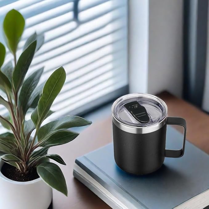 Volhoply 14oz Insulated Stainless Steel Coffee Mug with Lid Bulk 2 Pack,Double Wall Vacuum Travel Coffee Cup with Handle,Reusable Cups Tumbler,Camping Mugs Keep Hot,Ideal Gifts(Black,2 Set)