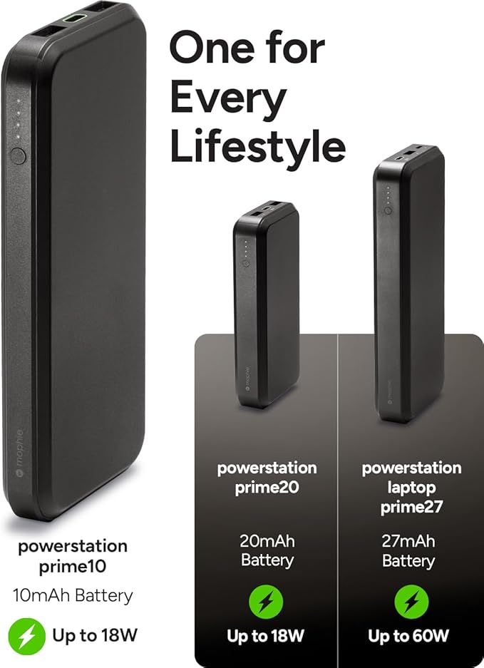 Mophie powerstation prime10 - Portable Power Bank with 10,000mAh Internal Battery, 18W USB-C PD Fast Charging, Charge 3 Devices Simultaneously, LED Power Indicator - Passports