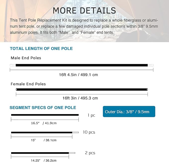 Aluminum Tent Poles Replacement, Fits Both Female and Male Ends, Lightweight Tent Pole Repair Kit, 7001 Aluminum Alloy T6 Heated