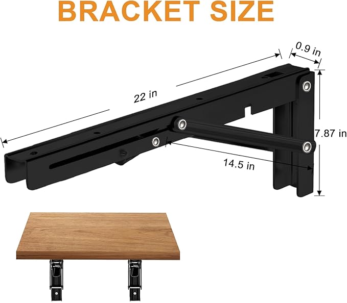 Storystore Folding Shelf Brackets - 22 Inch Heavy Duty Metal Collapsible Shelf Bracket for Bench Table, Shelf Hinge Wall Mounted Space Saving DIY Bracket, Max Load: 150 lb (2 PCS, Black)
