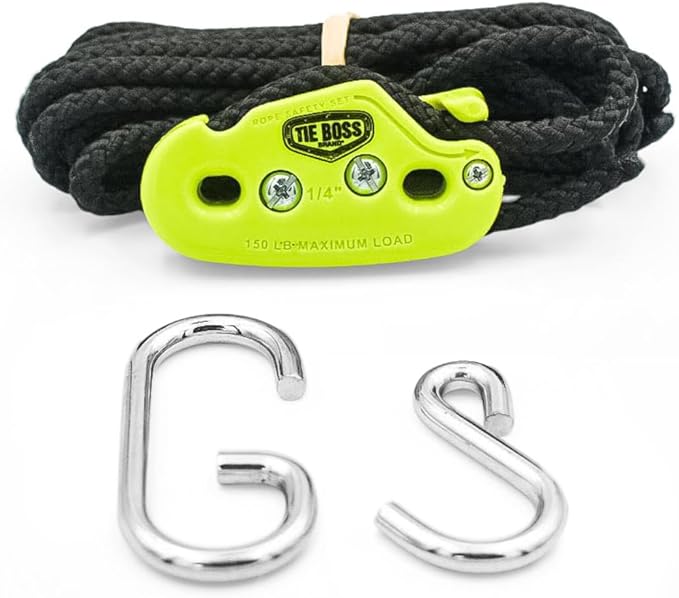 Tie Boss - 1/4 Inch, Medium Duty, (150 lbs Working Load Limit), Weather Resistant, Tie Down, Rope Tightening System, (w/15 ft Rope) (Pack of 1) (Green)