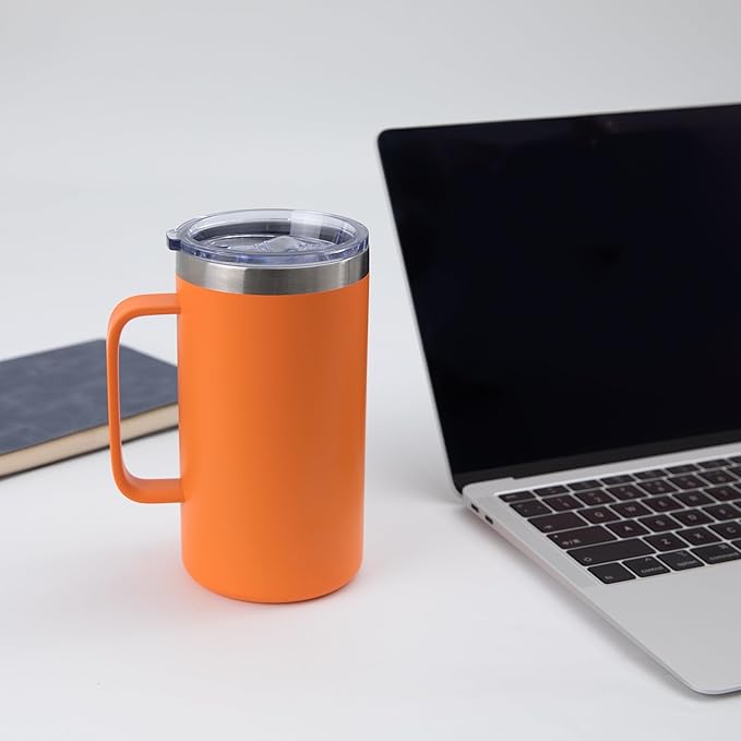 DOMICARE 24oz Mug with Handle and Lid, Stainless Steel Coffee Mug, Reusable Insulated Cup, Travel Mug with Handle, Double Wall Vacuum Coffee Tumbler for Men and Women, Orange, Pack 1