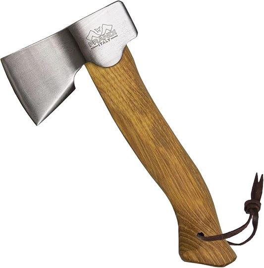 Prandi Axes Segurin C45 Forged Carbon Steel Hatchet - Hickory Handle with Leather String - Ideal for Camping, Travel and Bushcraft - S/N 3.059.04.CH - 11" L x 5.3" W, 400g Polished Head, No Sheath