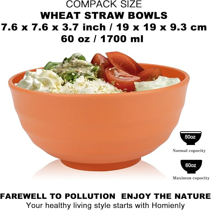 Homienly 60 OZ Large Salad Bowls,Wheat Straw Bowls Set of 8,Large Serving Bowl for Wedding Parties, Microwave and Dishwasher Safe Bowl for Salad,Soup,Big Bowls for Kitchen-Orange