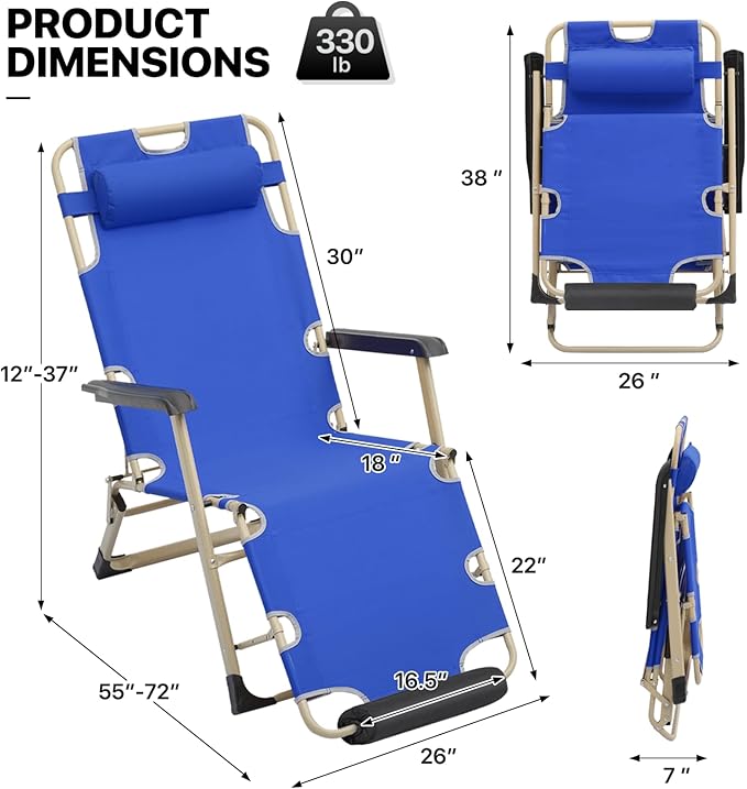 MoNiBloom Set of 2 Folding Reclining Patio Chairs, 3-Position Patio Lounger Folding Chairs with Footrest for Backyard Poolside Lawn, Blue, 330lbs Capacity