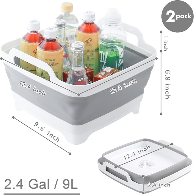 2 Packs Collapsible Dish Basin 2.4Gal Bottle Washing Basin Collapsible Wash Basin for Baby Bottles Portable Camping Sink with Drain Plug Plastic Space-Saving Dish Tub for RV Kitchen Beverage Tub