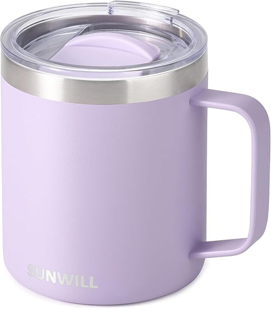 SUNWILL Travel Coffee Mug with Lid, Insulated Tumbler with Handle, 14 oz Stainless Steel Cup for Home, Office, Camping, Powder Coated Orchid