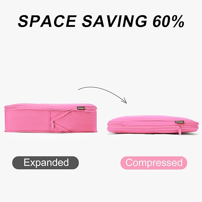 6 Set Compression Packing Cubes for Travel Essentials, Luggage Organizers for Suitcases (Light Pink)