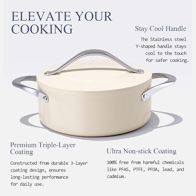 Stock Pot 4.5qt Dutch Oven with Lid (9.5") Nonstick Ceramic Coated Non-Toxic PFAS-Free Even Heat Distribution for Braising, Baking Bread & Soups, Compatible for All Cooktops(Induction/Gas/Electric) Oven Safe to 500°F (Cream)