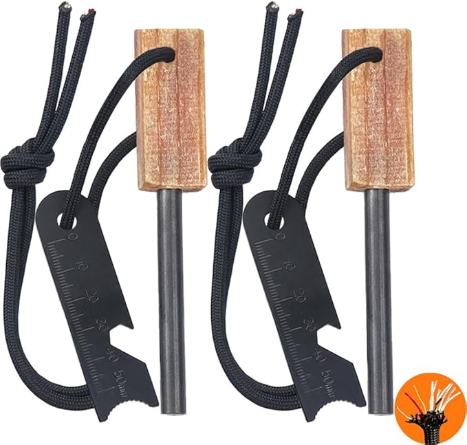 Fire Starter (2 Packs), All-Weather Magnesium Ferro Rod for Camping and Hiking, Emergency Survival Kits with Waxed Fire Tinder Paracord (28inch)&Beech/Pine Handle&&6-in-1 Multi-Tool