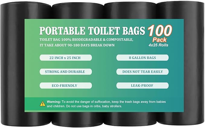100 PCS Portable Toilet Bags for Camping, Biodegradable Porta Potty Bags - 8 Gallon Thickened Waste Bags Fit for 5 Gallon Bucket, Camping Poop Bag, Trash Bags for Home Boating Travel Outdoor