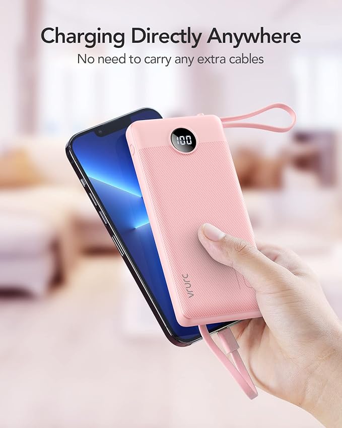 VRURC Portable Charger Power Bank, 10000mAh Travel Essentials Battery Pack, 5 Outputs 2 Inputs Slim Charging Bank Built-in Cables Cords Wires Compatible with iPhone,Samsung,Android-Pink(1 Pack)