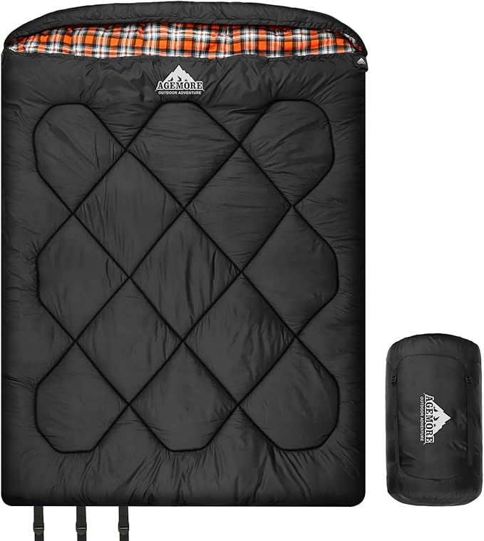 AGEMORE 0 Degree Double Sleeping Bag for Adults, Cotton Flannel Lined 2 Person Queen Size Warm Sleeping Bag for Family Winter Camping or RV Traveling