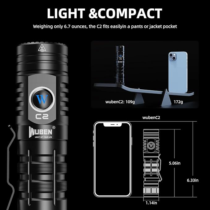 WUBEN C2 Flashlights USB C Rechargeable, 2000 High Lumens Tactical Flashlights with 7 Modes Flash Light, Pocket LED Flashlight with IP68 Waterproof for Emergencies, Outdoor, Camping