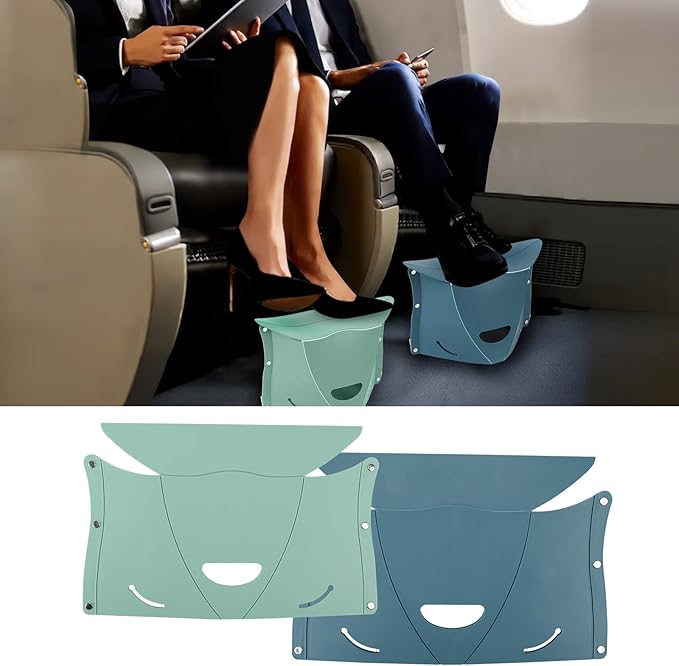 Travel Foot Rest for Airplane & Office - Portable Under Desk Foot Stool, Relieves Back & Knee Pain, Comfort for Long Flights, Cars, Subways & Trains - 2 Pack (Blue & Green)