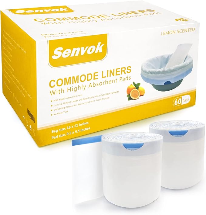 Senvok Commode Liners with Highly Absorbent Pads - 60 Pack | Lemon Scented | Leak-Proof Medical Grade Disposable Liners for Bedside Commode & Adult Toilet Care