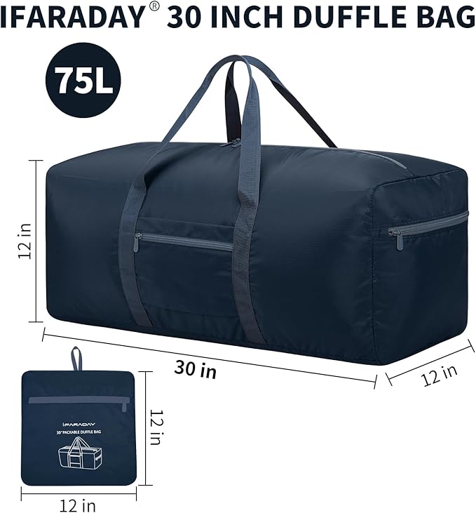 Foldable Duffle Bag for Travel - 75L Large Spare Travel Duffel Bag Lightweight with Trolley Sleeve - Navy