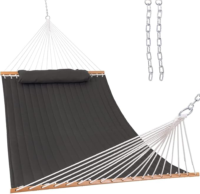 Lazy Daze Hammocks 12 FT Quilted Fabric Hammock with Spreader Bar, 2-Person Double Hammock with Chains and Pillow, Outdoor Hammock for Outside Patio Poolside Backyard Beach, 450 lbs Capacity, Gray
