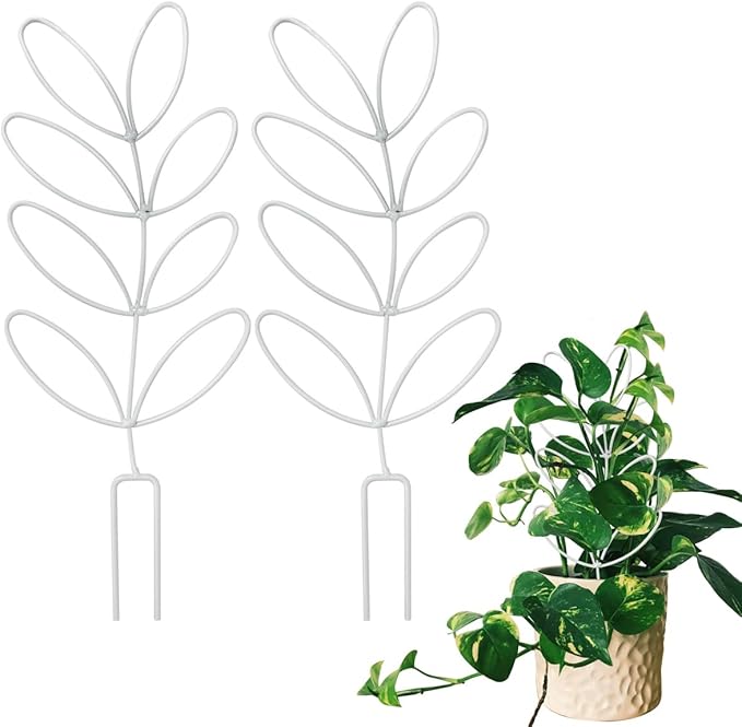 2Pack Indoor Plant Trellis Metal Wire Garden Trellis ，Small Climbing Leaf Shape Trellis for Garden Potted Plant Houseplant (Whiter)