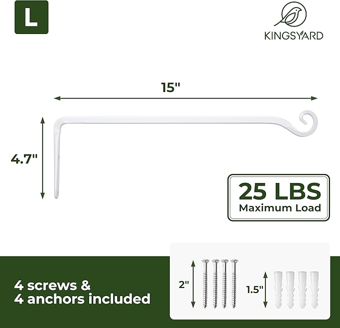 Kingsyard 2-Pack Wall Plant Hanger Outdoor - Heavy Duty Metal Hanging Bracket Hooks for Hanging Plant Bird Feeders Lanterns Wind Chimes Outdoor & Indoor, 15-Inch/White