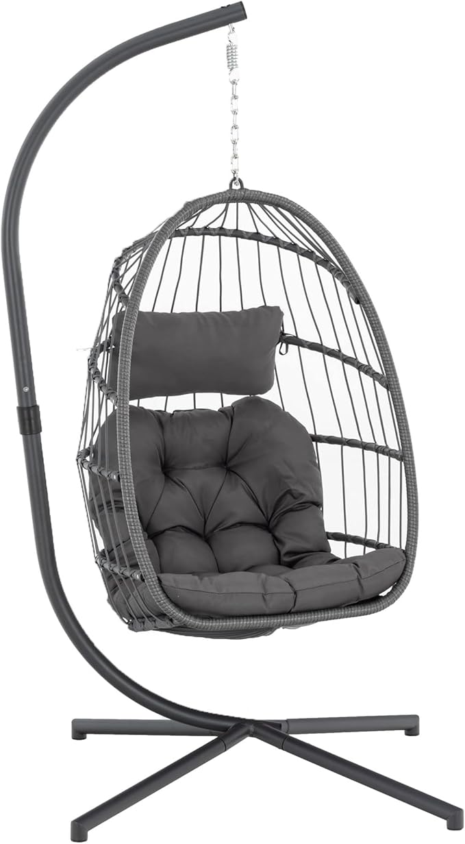 Yechen Indoor Outdoor Egg Hanging Chair with Stand, Patio Wicker Swing Egg Chair Indoor Swinging Chair Outdoor Hammock Egg Chair 350lbs Capacity for Patio Bedroom Balcony, Charcoal Grey (EG-001)