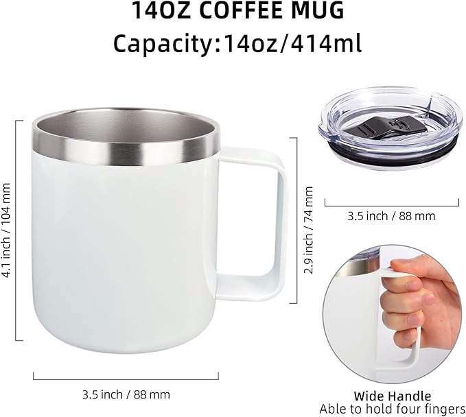 Volhoply 14oz sublimation Insulated Stainless Steel Coffee Mug with Leakproof Lid,Double Wall Vacuum Travel Cup with Handle,Reusable Metal Cups Tumbler,Camping Mugs Keep Hot/Cold(Sublimation,1 Set)