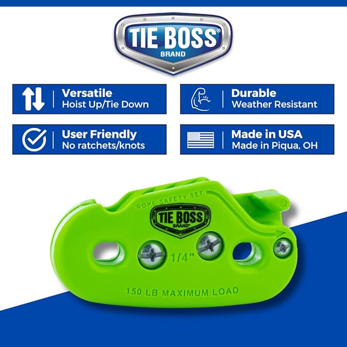 Tie Boss - 1/4 Inch, Medium Duty, (150 lbs Working Load Limit), Weather Resistant, Tie Down, Rope Tightening System, (w/15 ft Rope) (Pack of 1) (Green)