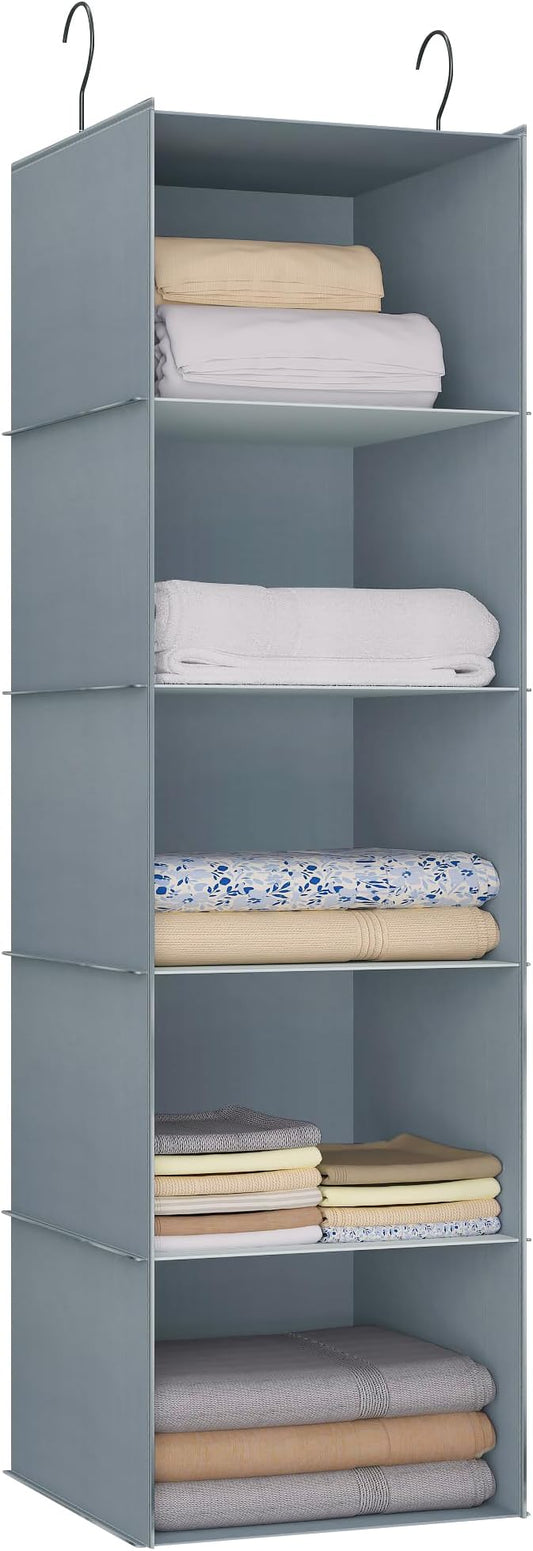 Hanging Closet Organizer 5-Shelf, Easy Mount Foldable Wardrobe Storage Shelves, Clothes Handbag Shoes Accessories, Washable Oxford Cloth Fabric, Gray