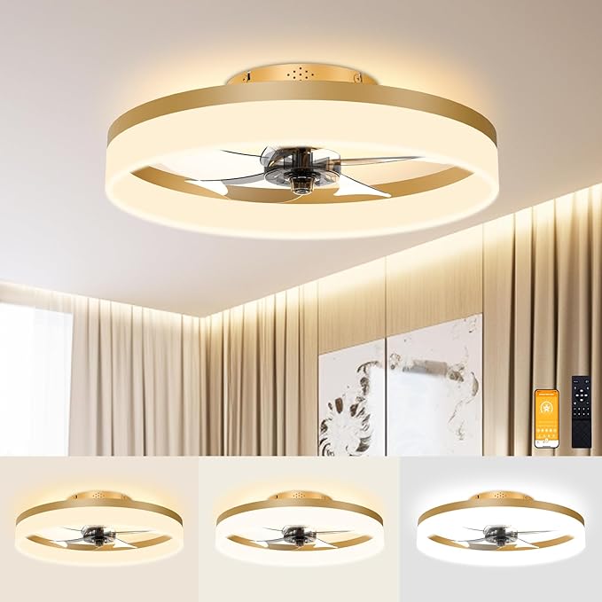 VOLISUN Low Profile Ceiling Fans with Lights and Remote, 19.7in Fandelier Ceiling Fan Flush Mount, 3000K-6500K Smart Bladeless LED Fan Light, Gold Modern Ceiling Fans with Lights for Bedroom
