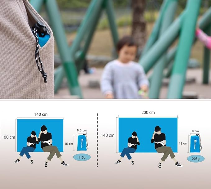 Outdoor Pocket Blanket, 55"x79" Waterproof Foldable Compact Pincic Blanket, Ultralight Tarp for Camping, Festival, Beach, Hiking, Backpacking, Travel and More, Stakes Included